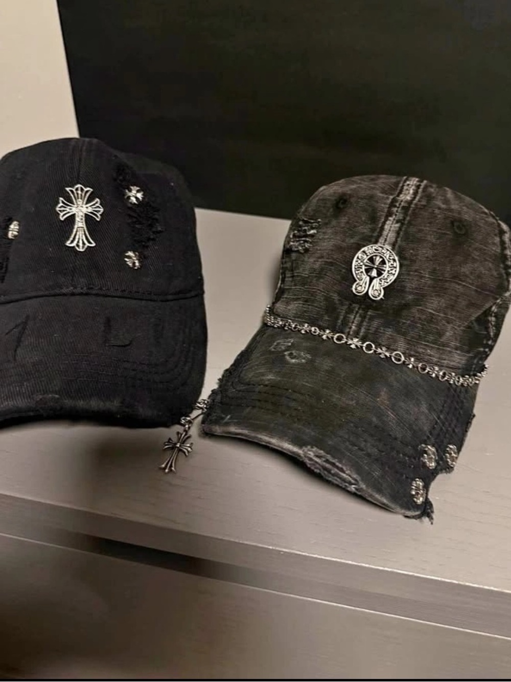 Chrome Hearts Black Distressed Baseball Cap with Silver Cross & Chain - Picture 1 of 1